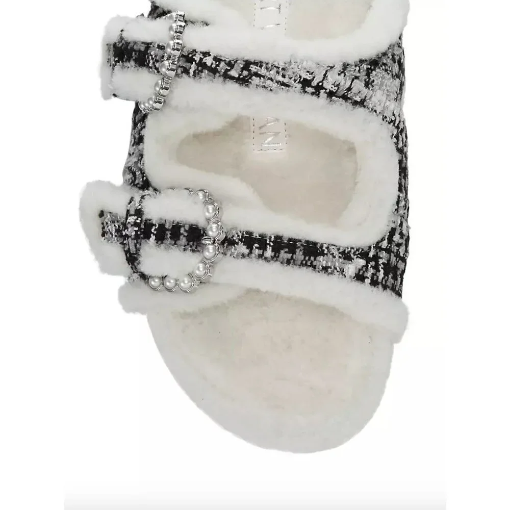 Stuart Weitzman Piper Chill Shearling Lined Tweed Pearl Slides White Black 8